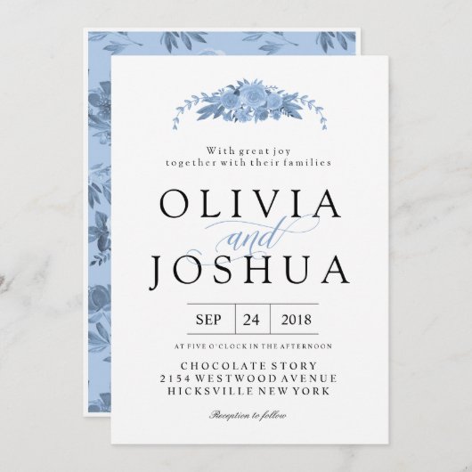 Blue Floral Wedding Invitations Kaart (Voorkant / Achterkant)