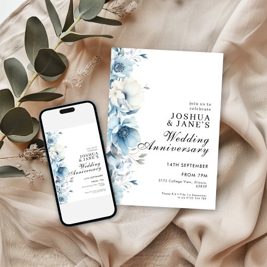 Blue Floral Wedding Jubileum Kaart