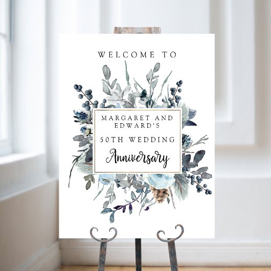 Blue Floral Wedding Jubileum Welcome Sign Poster