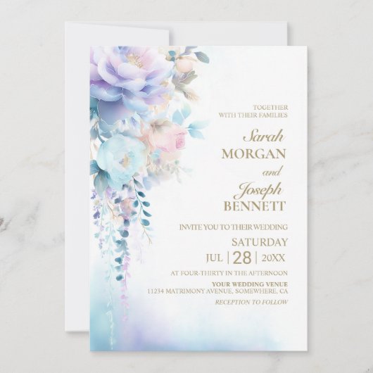 Blue Floral Wedding Kaart (Voorkant)