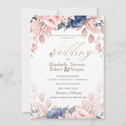 Blue Floral Wedding Kaart (Voorkant)