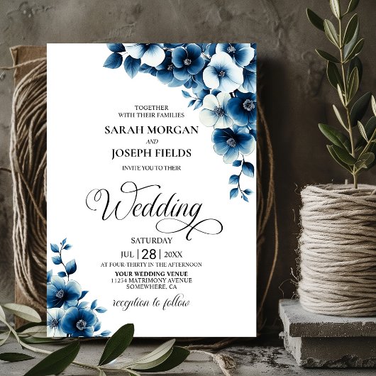Blue Floral Wedding Kaart