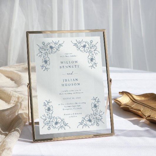 Blue  Floral Wedding Kaart