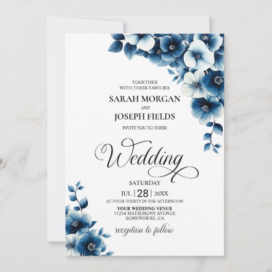 Blue Floral Wedding Kaart (Voorkant)