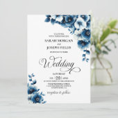 Blue Floral Wedding Kaart (Staand voorkant)