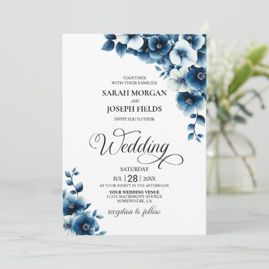 Blue Floral Wedding Kaart (Staand voorkant)