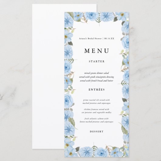 Blue Floral Wedding Menu Kaarten (Voorkant / Achterkant)