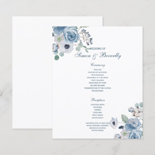 Blue Floral Wedding Programme (Voorkant / Achterkant)