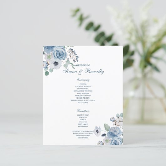 Blue Floral Wedding Programme (Staand voorkant)