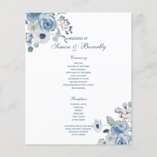 Blue Floral Wedding Programme (Voorkant)