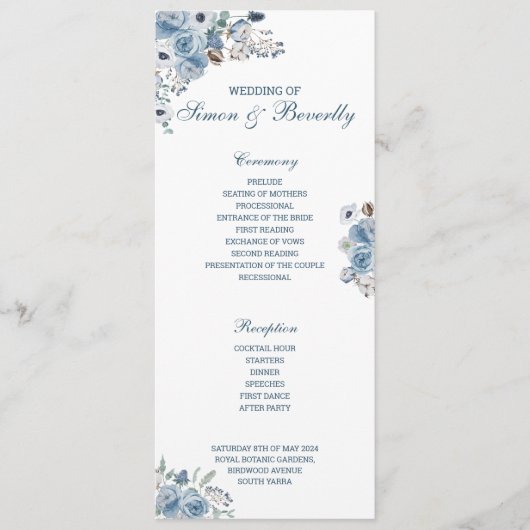Blue Floral Wedding Programme Programmakaart (Voorkant)