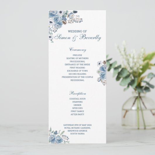 Blue Floral Wedding Programme Programmakaart (Staand voorkant)