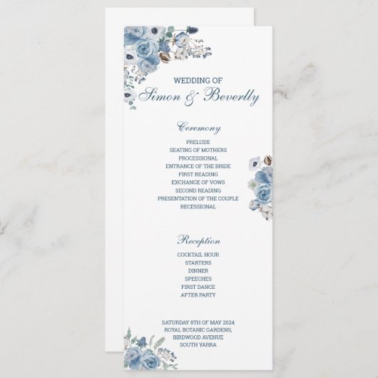 Blue Floral Wedding Programme Programmakaart (Voorkant / Achterkant)