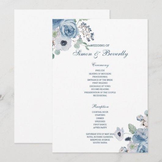 Blue Floral Wedding Programme Programmakaart (Voorkant / Achterkant)