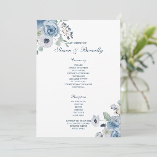 Blue Floral Wedding Programme Programmakaart (Staand voorkant)