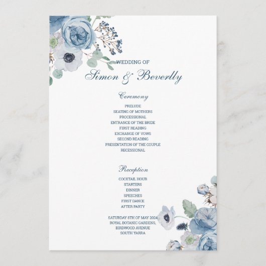 Blue Floral Wedding Programme Programmakaart (Voorkant)