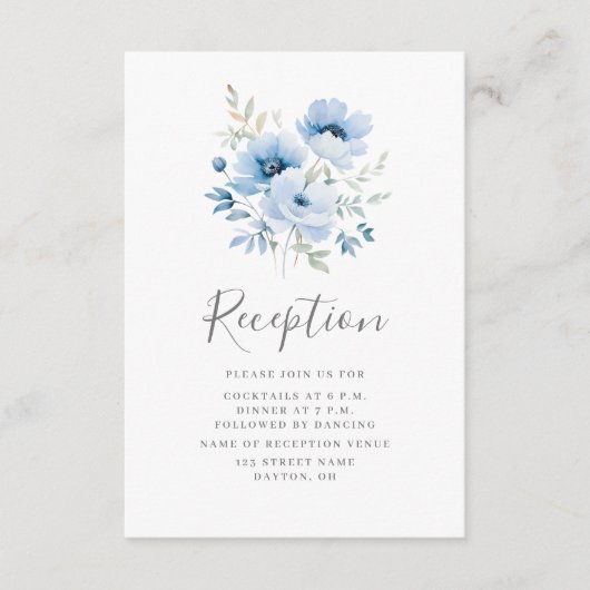 Blue Floral Wedding Receptie Kaart (Voorkant)