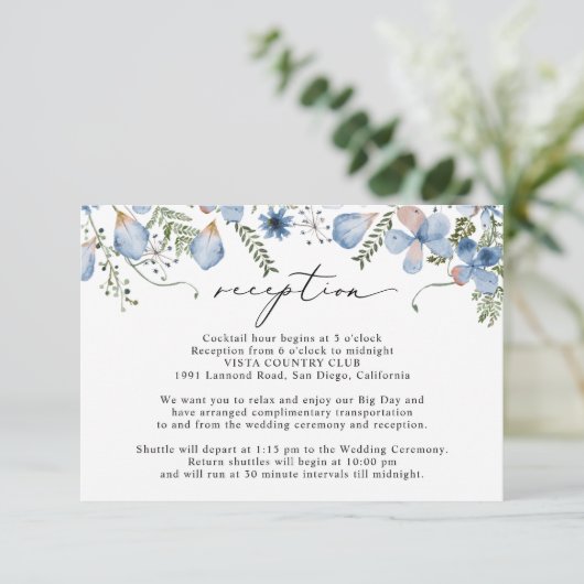 Blue Floral Wedding Reception Informatiekaartje (Staand voorkant)