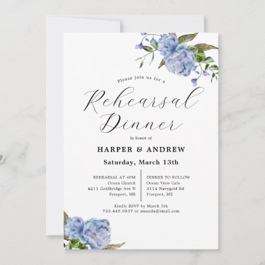 Blue Floral Wedding Rehearsal Dinner Invitation Kaart (Voorkant)