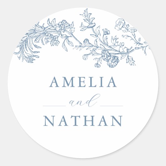 Blue  Floral Wedding Ronde Sticker (Voorkant)