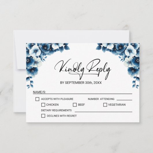 Blue Floral Wedding RSVP Kaartje (Voorkant)