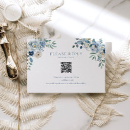 Blue Floral Wedding RSVP QR Code Enclosure Kaart