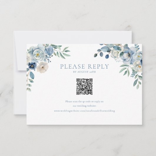 Blue Floral Wedding RSVP QR Code Enclosure Kaart (Voorkant)