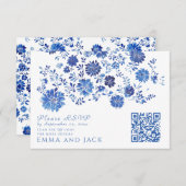 Blue Floral Wedding RSVP QR Code response Card Informatiekaartje (Voorkant / Achterkant)