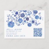 Blue Floral Wedding RSVP QR Code response Card Informatiekaartje (Voorkant)