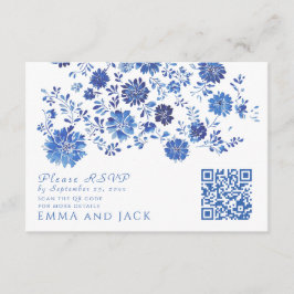 Blue Floral Wedding RSVP QR Code response Card Informatiekaartje