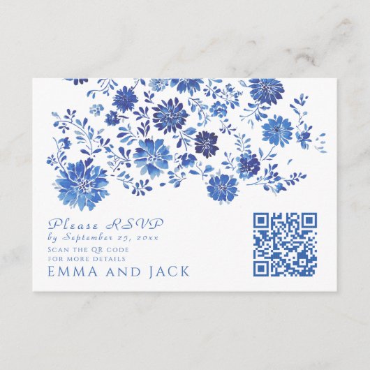 Blue Floral Wedding RSVP QR Code response Card Informatiekaartje (Voorkant)