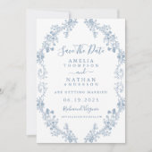 Blue  Floral Wedding Save the Date (Voorkant)