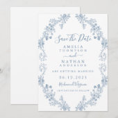 Blue  Floral Wedding Save the Date (Voorkant / Achterkant)