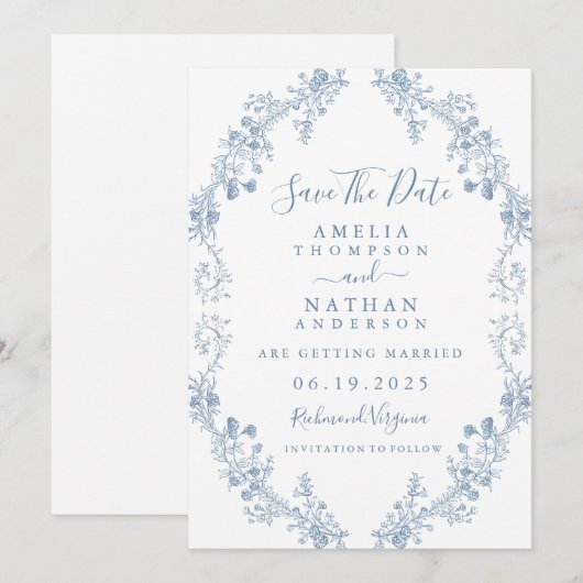 Blue  Floral Wedding Save the Date (Voorkant / Achterkant)