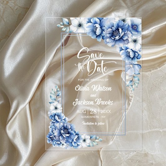 Blue Floral Wedding Save the Date Acryl Uitnodigingen