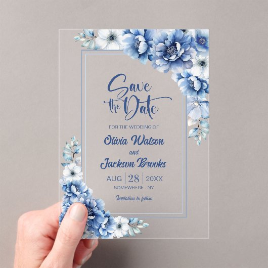 Blue Floral Wedding Save the Date Acryl Uitnodigingen (Insitu (Draagbaar))