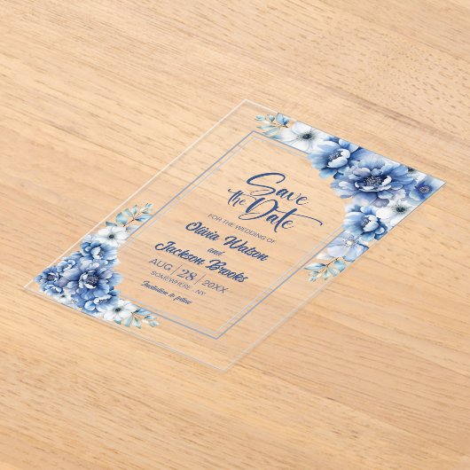 Blue Floral Wedding Save the Date Acryl Uitnodigingen (Laagn)