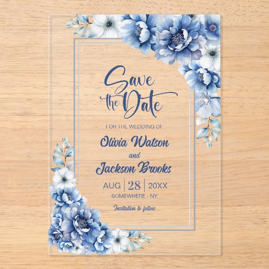 Blue Floral Wedding Save the Date Acryl Uitnodigingen (Voorkant)