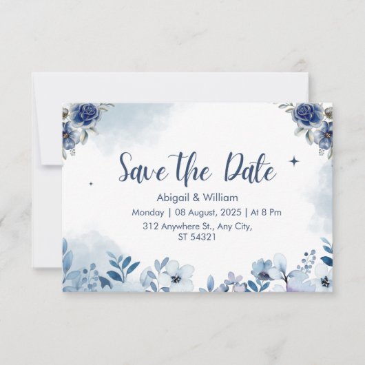 Blue Floral Wedding Save The Date Invitation Cards (Voorkant)