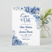 Blue Floral Wedding Save the Date Kaart (Staand voorkant)