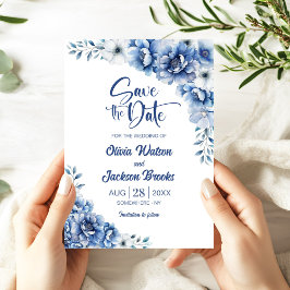 Blue Floral Wedding Save the Date Kaart