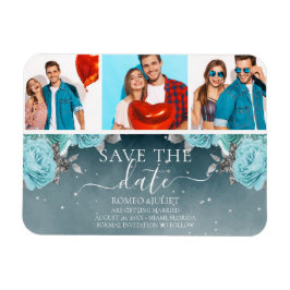 Blue Floral Wedding Save the Date Photo Collage Magneet