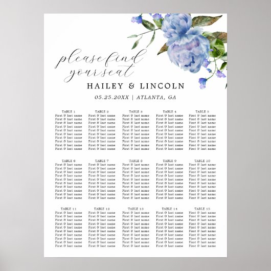 Blue Floral Wedding Seating Chart Poster (Voorkant)