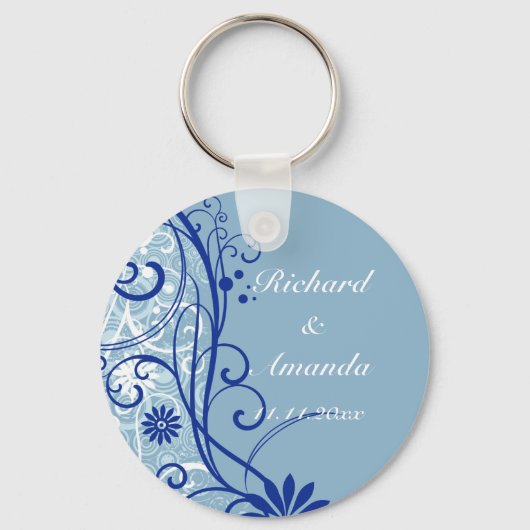 Blue Floral Wedding Swirls Sleutelhanger (Voorkant)