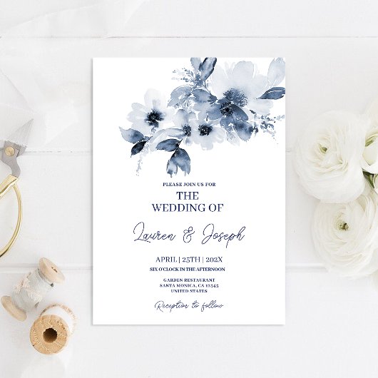 Blue Floral Wedding-uitnodiging Kaart