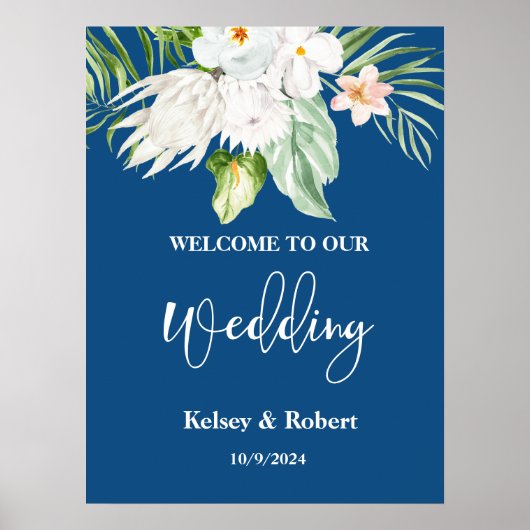 Blue Floral Welcome Wedding Sign Poster (Voorkant)