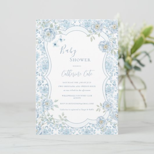 Blue Floral Whimsical Baby Shower  Kaart (Staand voorkant)