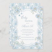 Blue Floral Whimsical Baby Shower  Kaart (Voorkant / Achterkant)