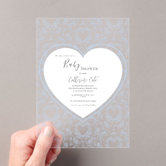 Blue Floral Whimsical Heart Baby Shower  Acryl Uitnodigingen (Insitu (Draagbaar))