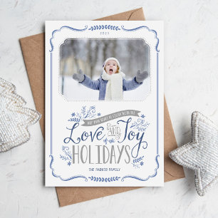 Blue Floral Whimsy 2 Photo Flat Feestdagenkaart